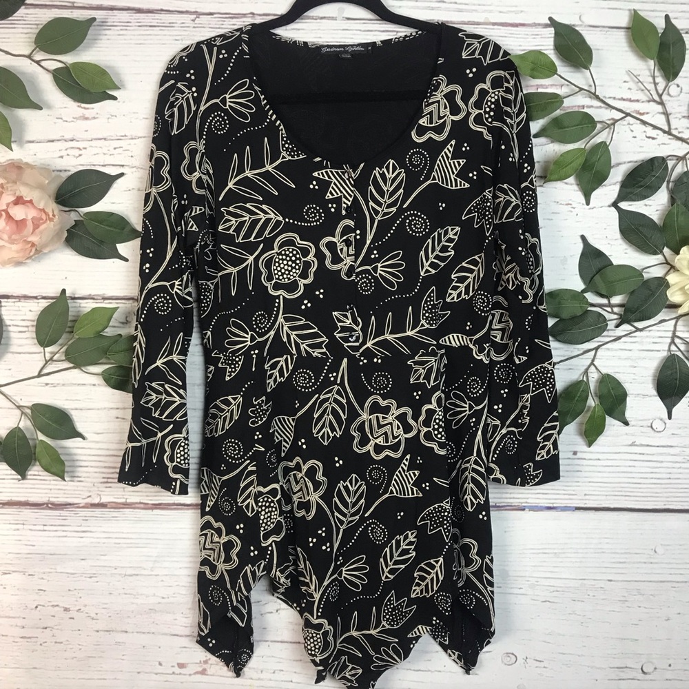 Gudrun Sjoden Size Medium Black Floral Print Asymmetrical Hem Half Sleeve Dress